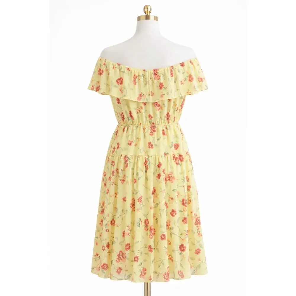 Ralph Lauren Butter Yellow Floral Dress Size 12 Off Shoulder Boho Ruffle Summer - Picture 2 of 4